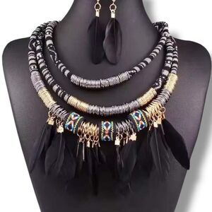 Black Tribal Feathers Necklace and Earrings Set Boho Western -NWT